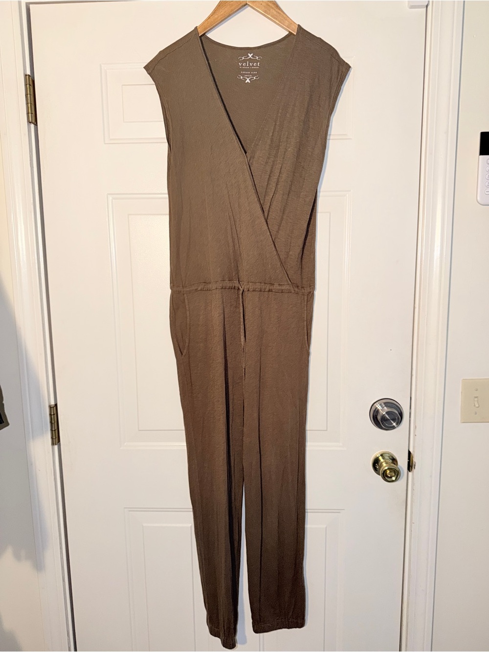 Velvet Olive Brown Sleeveless Faux Wrap Jogger Jumpsuit. Sz M